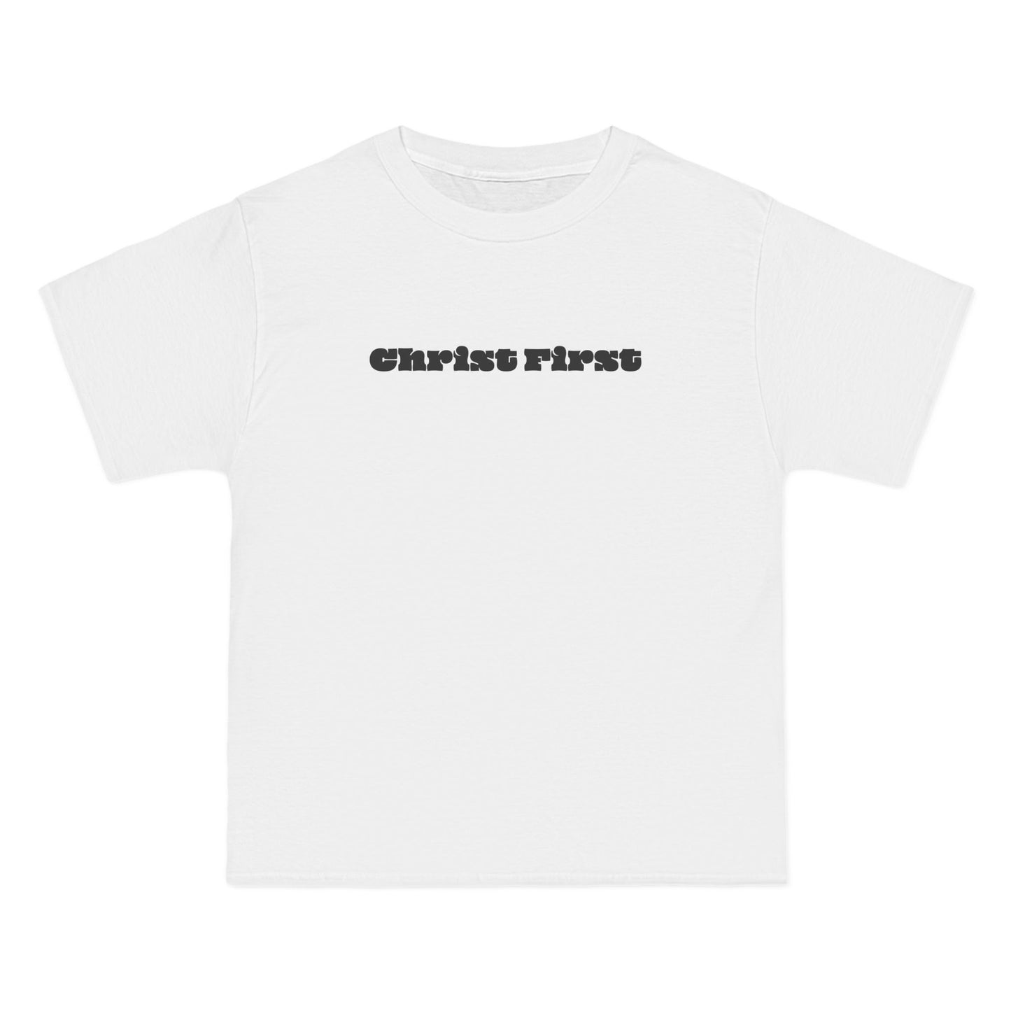 White t-shirt with 'Christ First' text on a white background
