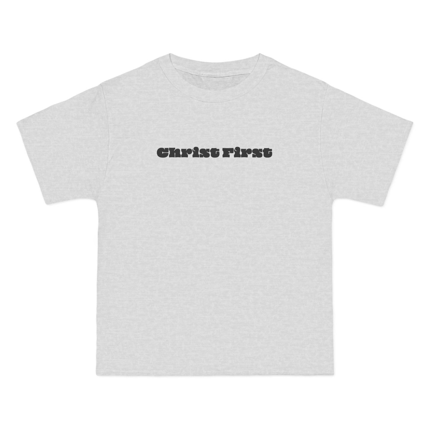 Gray t-shirt with 'Christ First' text on a white background
