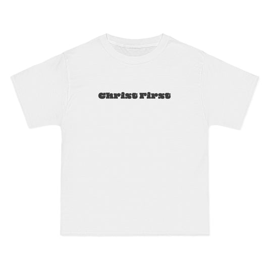 White t-shirt with 'Christ First' text on a white background