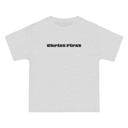 Gray t-shirt with 'Christ First' text on a white background